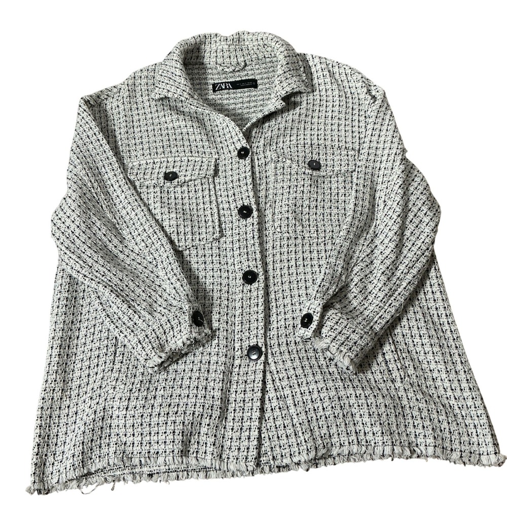 ZARA Tweed Fringe Oversized Shacket Women S White Black Textured Button Up Coat
